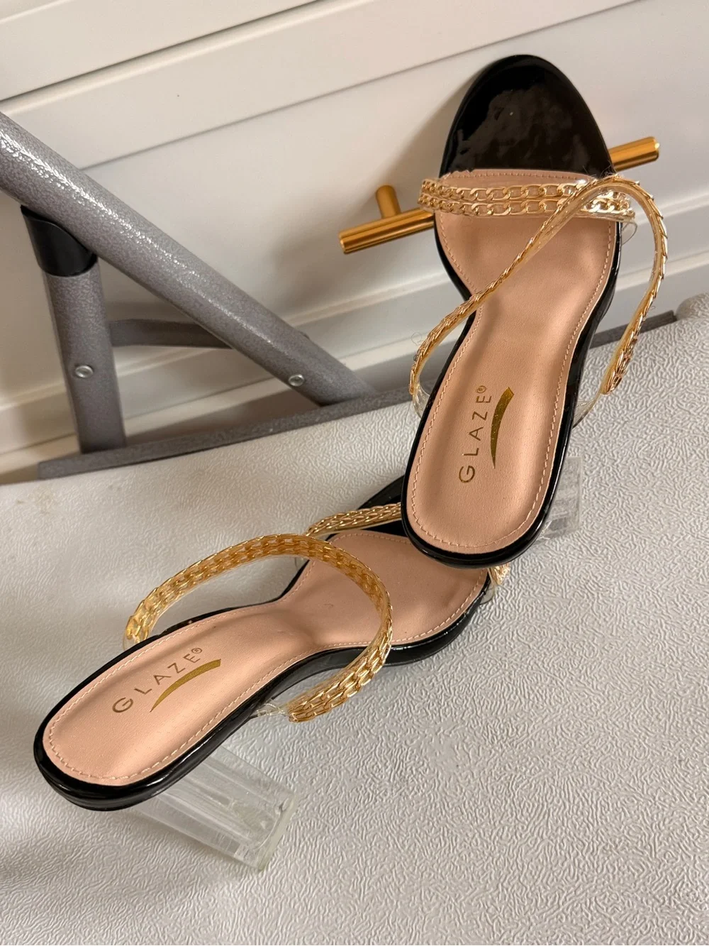 Glaze Women's Gold Braided-Strap Clear Block Heel Sandals